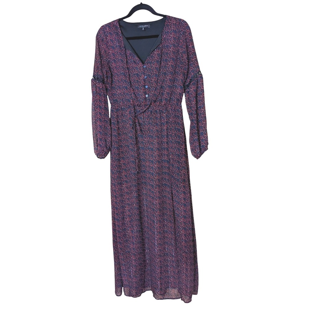 Romeo & Juliet Couture Navy Red Print Maxi Dress Size‎ M Sheer Sleeve Boho Long